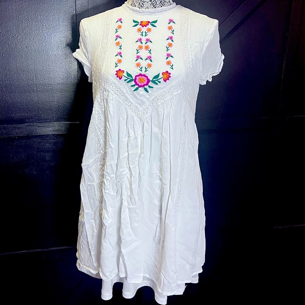 Embroidered high neck dress with slip, size medium
